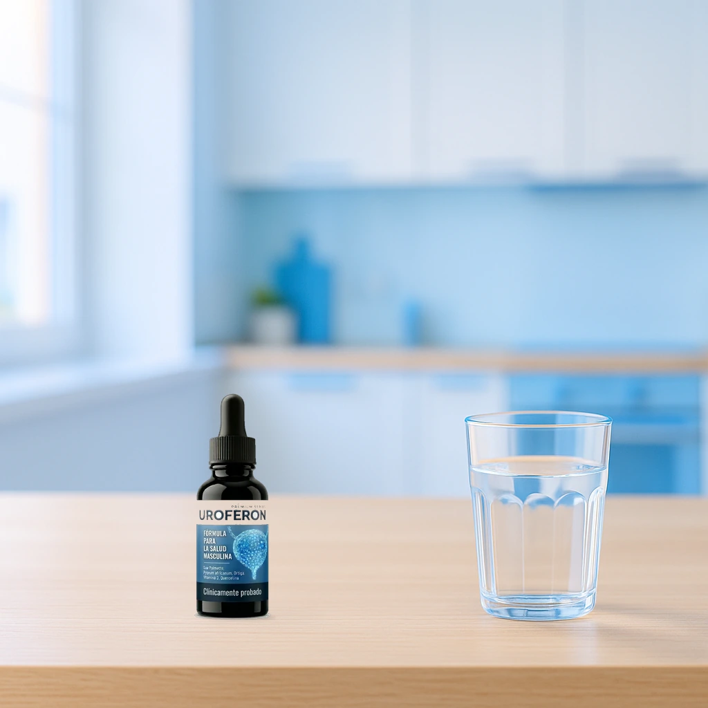 Frasco de Uroferon de 30 ml junto a un vaso de agua para diluir las gotas