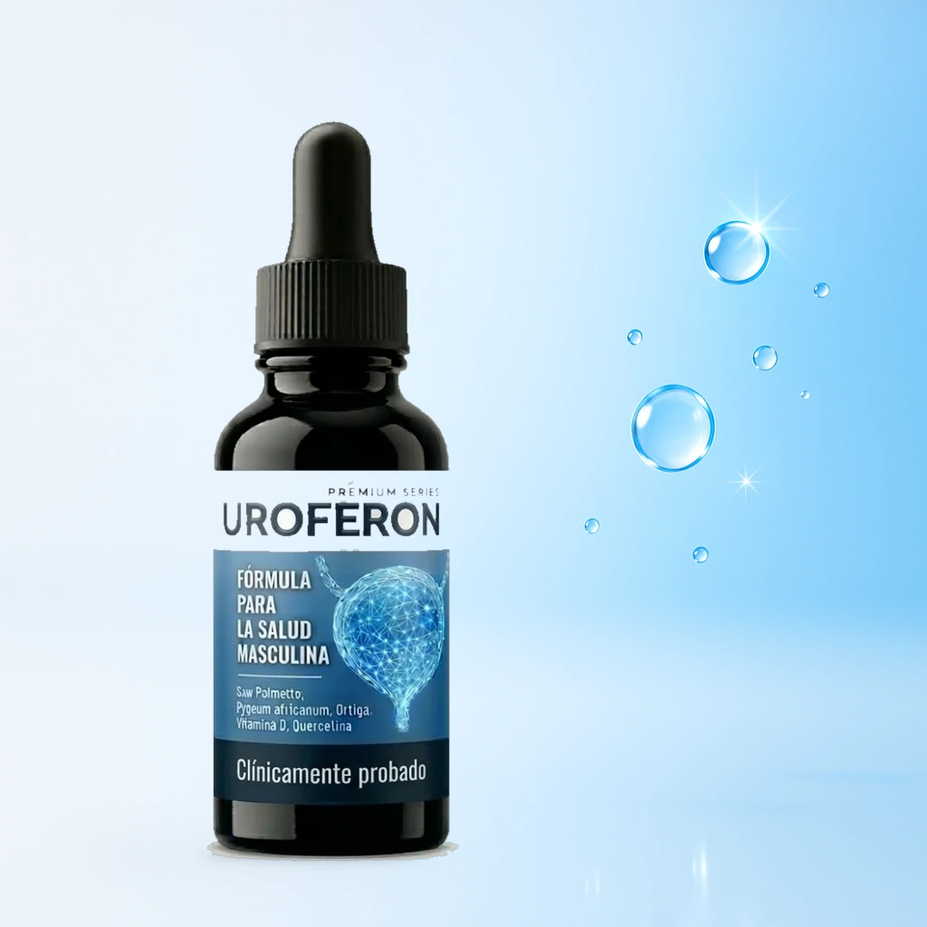 Gotero de Uroferon con una gota, la presentación líquida del frasco de 30 ml